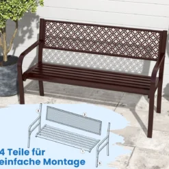 Gartenbank Metall wetterfeste Sitzbank für 2 Personen Balkonbank mit Rückenlehne & Armlehne 127 x 59 x 82 cm Braun