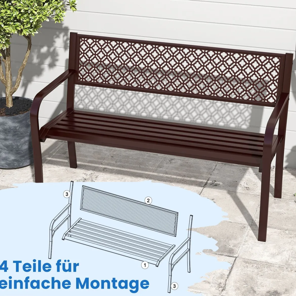 Gartenbank Metall wetterfeste Sitzbank für 2 Personen Balkonbank mit Rückenlehne & Armlehne 127 x 59 x 82 cm Braun