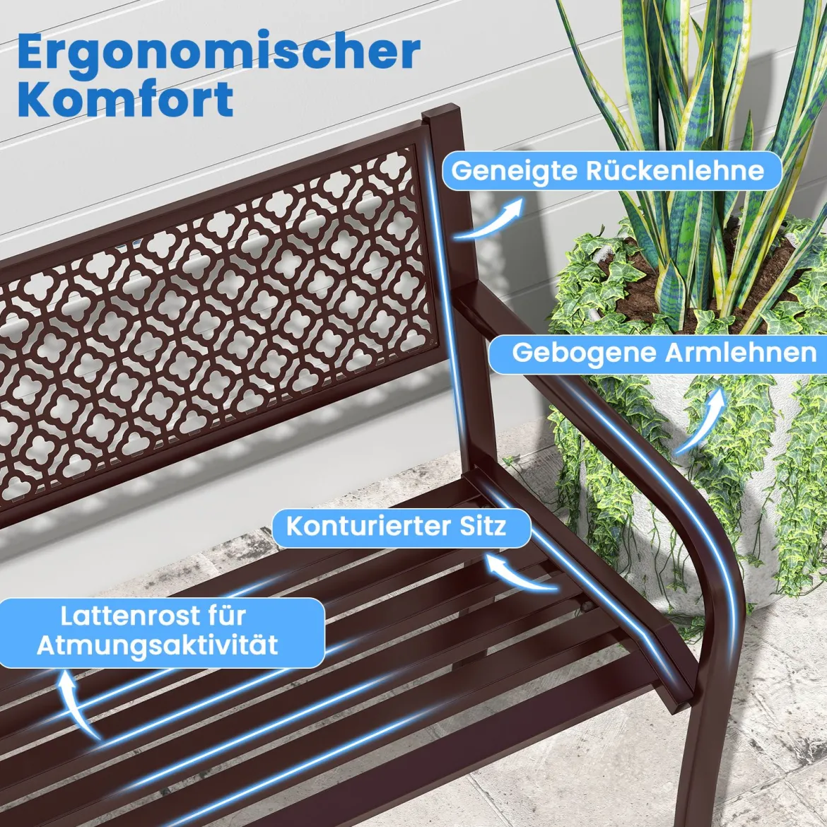Gartenbank Metall wetterfeste Sitzbank für 2 Personen Balkonbank mit Rückenlehne & Armlehne 127 x 59 x 82 cm Braun