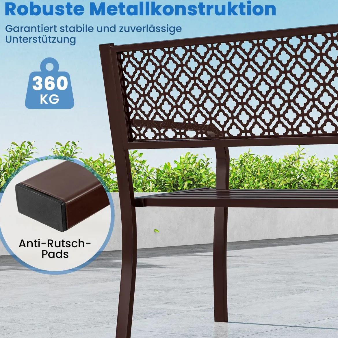 Gartenbank Metall wetterfeste Sitzbank für 2 Personen Balkonbank mit Rückenlehne & Armlehne 127 x 59 x 82 cm Braun