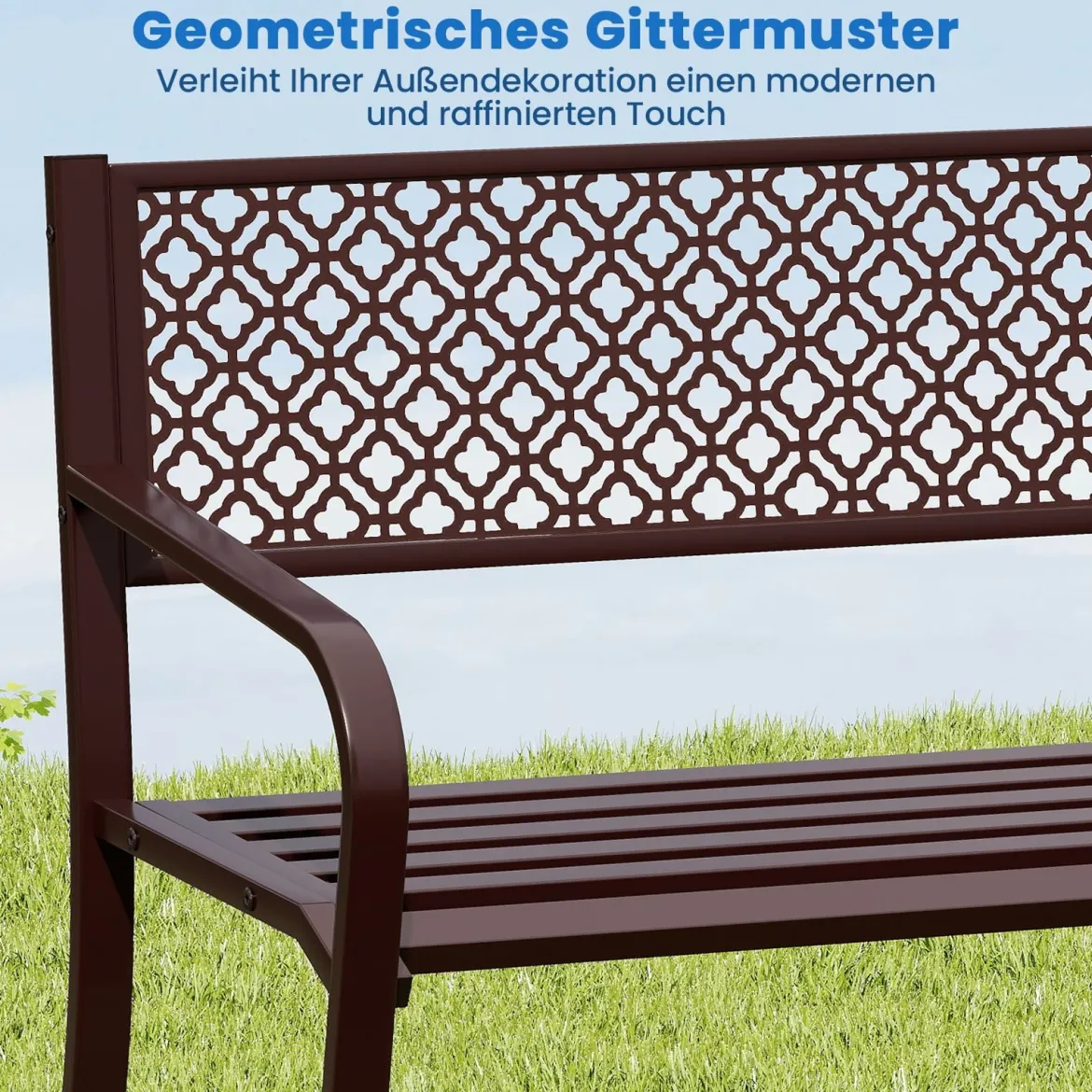 Gartenbank Metall wetterfeste Sitzbank für 2 Personen Balkonbank mit Rückenlehne & Armlehne 127 x 59 x 82 cm Braun