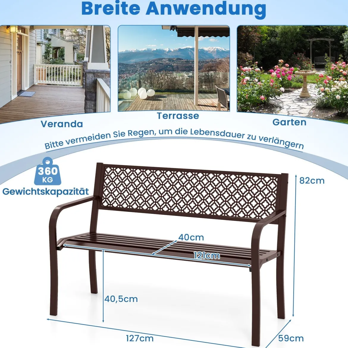 Gartenbank Metall wetterfeste Sitzbank für 2 Personen Balkonbank mit Rückenlehne & Armlehne 127 x 59 x 82 cm Braun