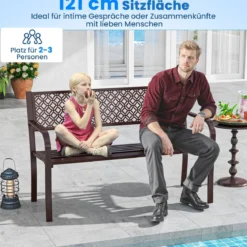 Gartenbank Metall wetterfeste Sitzbank für 2 Personen Balkonbank mit Rückenlehne & Armlehne 127 x 59 x 82 cm Braun