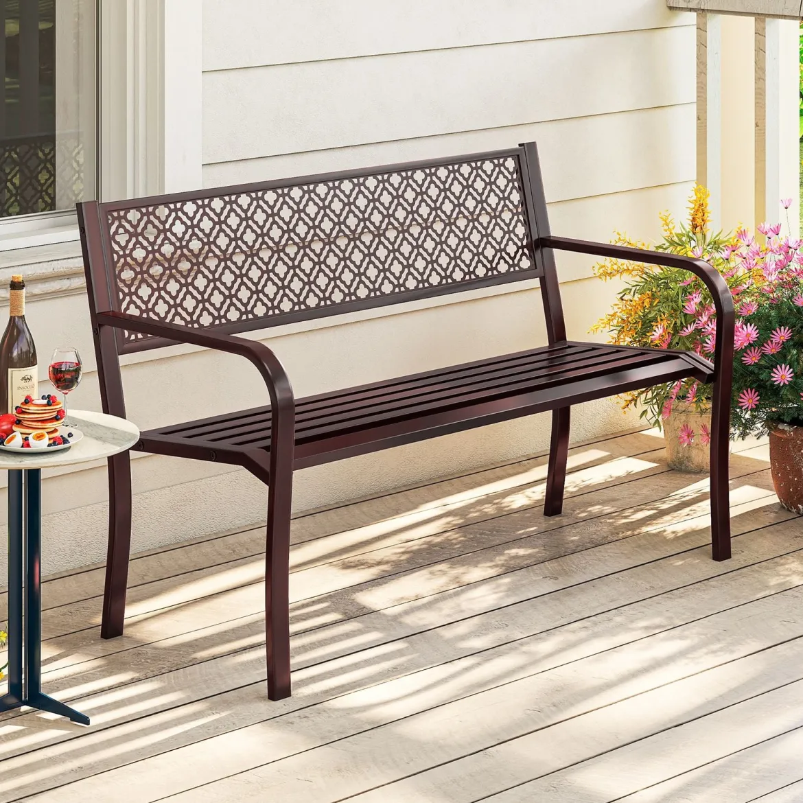 Gartenbank Metall wetterfeste Sitzbank für 2 Personen Balkonbank mit Rückenlehne & Armlehne 127 x 59 x 82 cm Braun