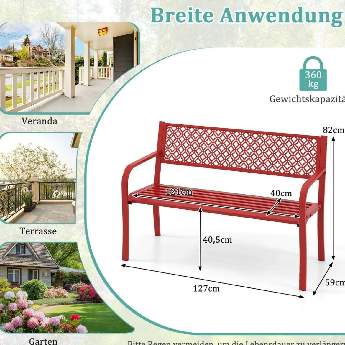 Gartenbank Metall wetterfeste Sitzbank für 2 Personen Metallbank bis 360 kg belastbar 127 x 59 x 82 cm Rot