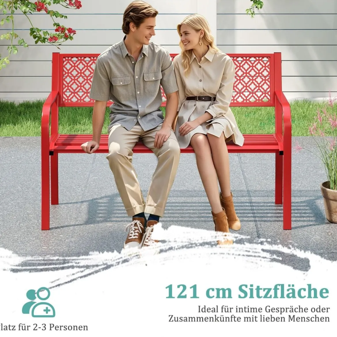 Gartenbank Metall wetterfeste Sitzbank für 2 Personen Metallbank bis 360 kg belastbar 127 x 59 x 82 cm Rot