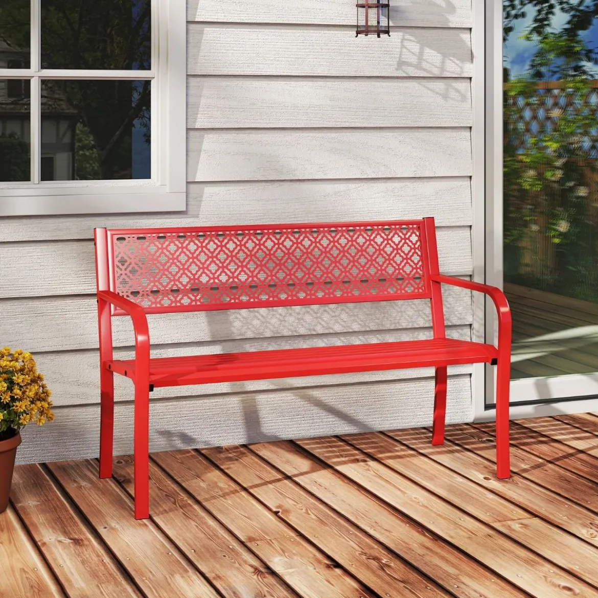 Gartenbank Metall wetterfeste Sitzbank für 2 Personen Metallbank bis 360 kg belastbar 127 x 59 x 82 cm Rot