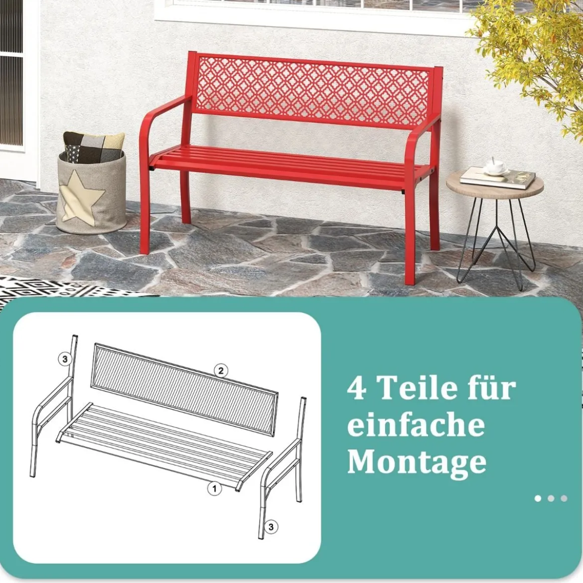 Gartenbank Metall wetterfeste Sitzbank für 2 Personen Metallbank bis 360 kg belastbar 127 x 59 x 82 cm Rot