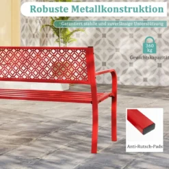 Gartenbank Metall wetterfeste Sitzbank für 2 Personen Metallbank bis 360 kg belastbar 127 x 59 x 82 cm Rot