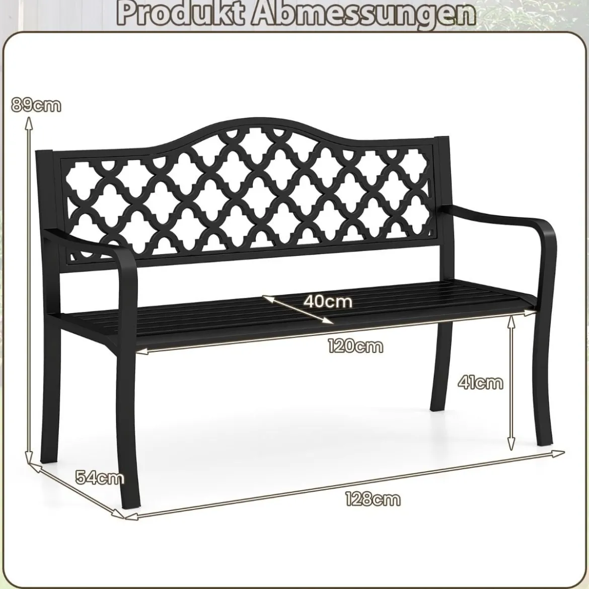 Gartenbank Metall wetterfeste Sitzbank für 2 Sitzer Parkbank mit Rückenlehne & Armlehne 128 x 54 x 89 cm Schwarz