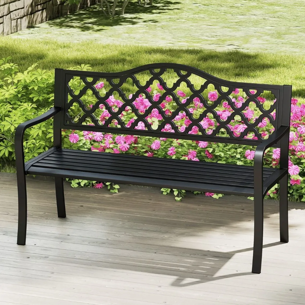 Gartenbank Metall wetterfeste Sitzbank für 2 Sitzer Parkbank mit Rückenlehne & Armlehne 128 x 54 x 89 cm Schwarz