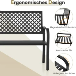 Gartenbank Metall wetterfeste Sitzbank für 2-3 Sitzer Parkbank mit Rückenlehne & Armlehne 127 x 62 x 86 cm Schwarz