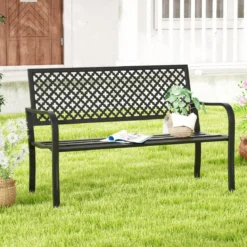 Gartenbank Metall wetterfeste Sitzbank für 2-3 Sitzer Parkbank mit Rückenlehne & Armlehne 127 x 62 x 86 cm Schwarz