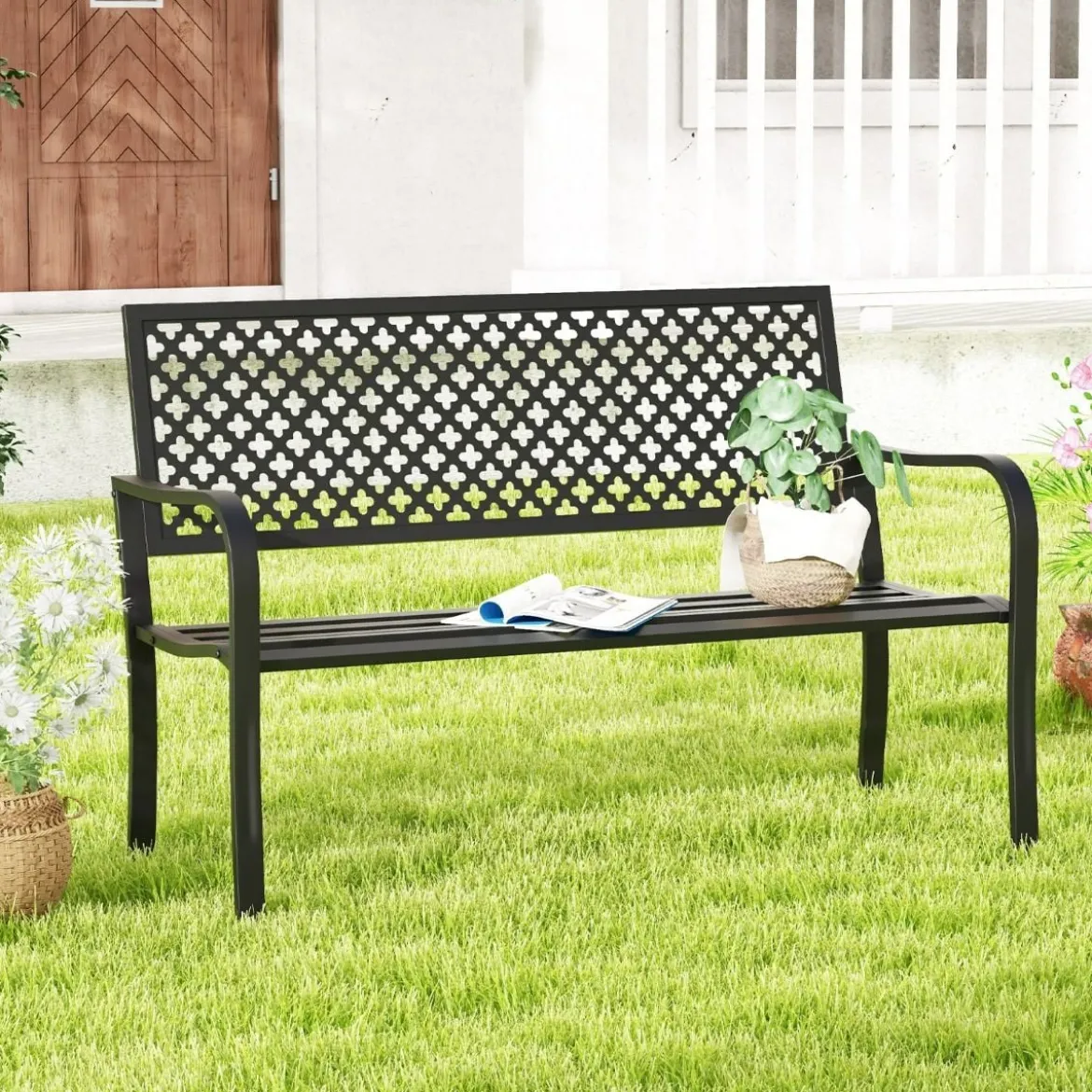 Gartenbank Metall wetterfeste Sitzbank für 2-3 Sitzer Parkbank mit Rückenlehne & Armlehne 127 x 62 x 86 cm Schwarz