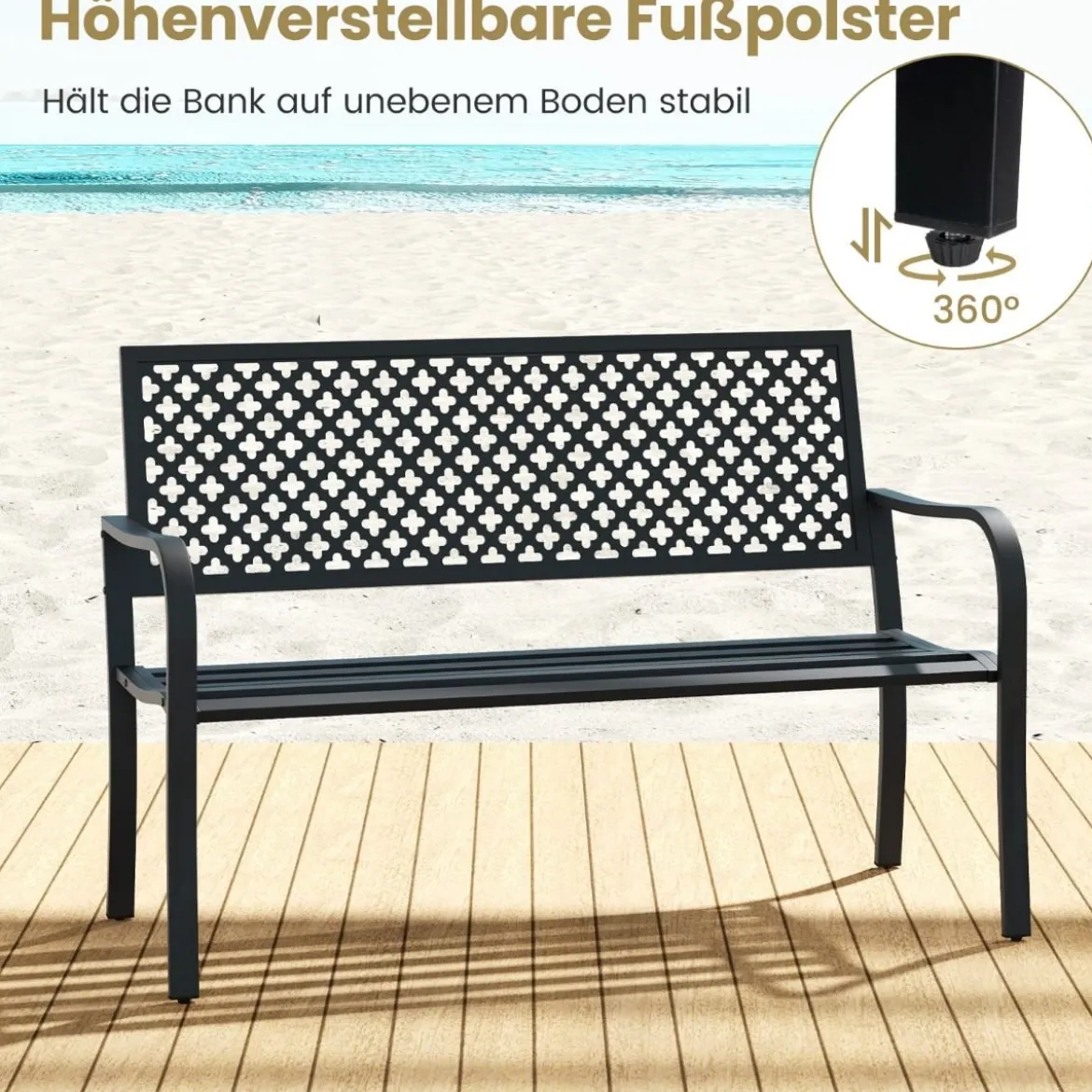 Gartenbank Metall wetterfeste Sitzbank für 2-3 Sitzer Parkbank mit Rückenlehne & Armlehne 127 x 62 x 86 cm Schwarz