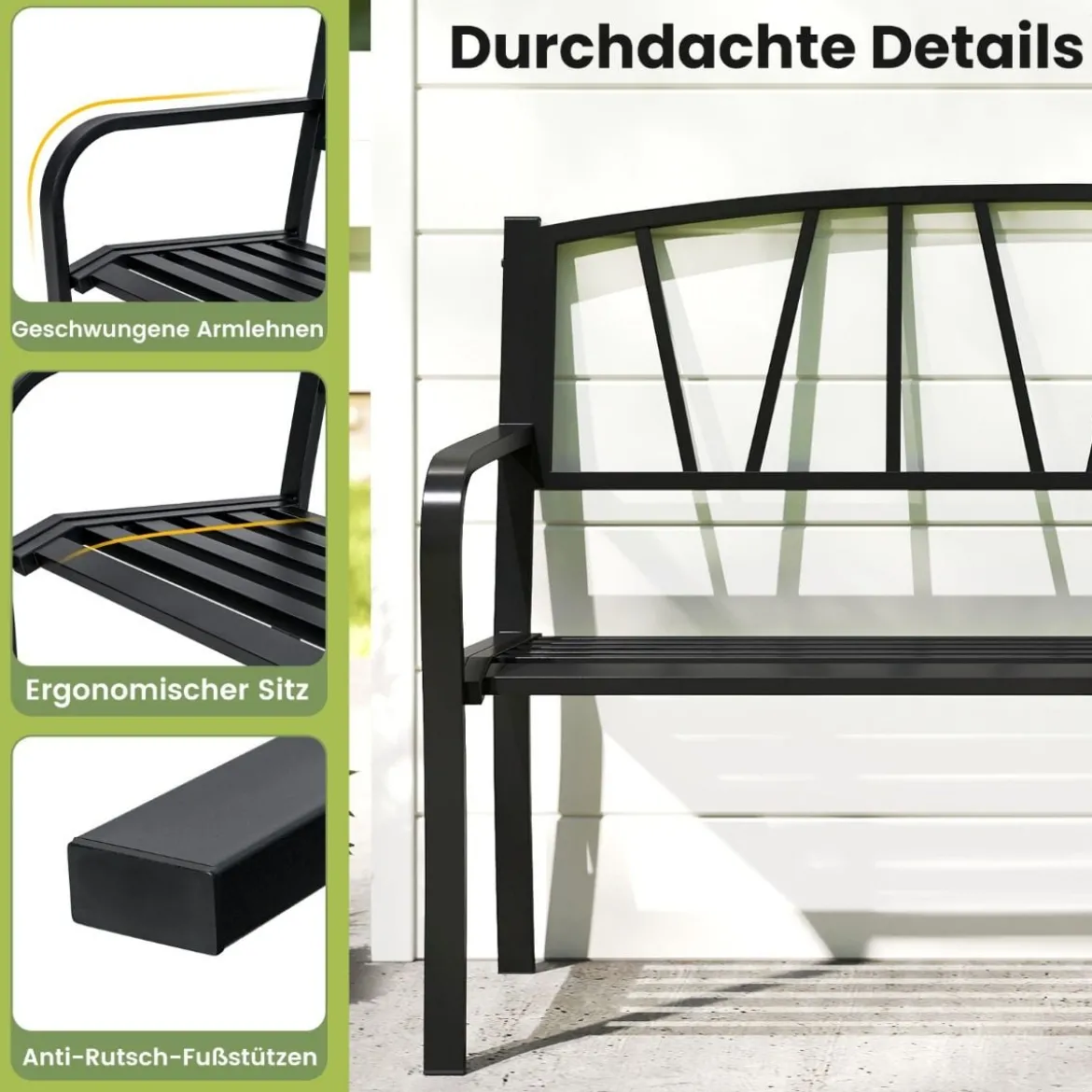Gartenbank Metall wetterfeste Sitzbank für 2 Sitzer Parkbank mit Rückenlehne & Armlehne 128 x 60 x 86 cm Schwarz