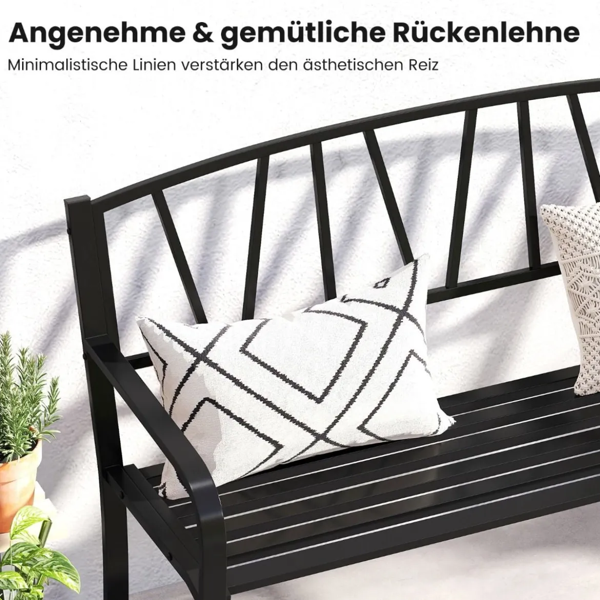 Gartenbank Metall wetterfeste Sitzbank für 2 Sitzer Parkbank mit Rückenlehne & Armlehne 128 x 60 x 86 cm Schwarz