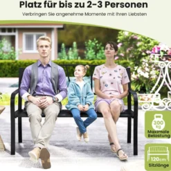 Gartenbank Metall wetterfeste Sitzbank für 2 Sitzer Parkbank mit Rückenlehne & Armlehne 128 x 60 x 86 cm Schwarz