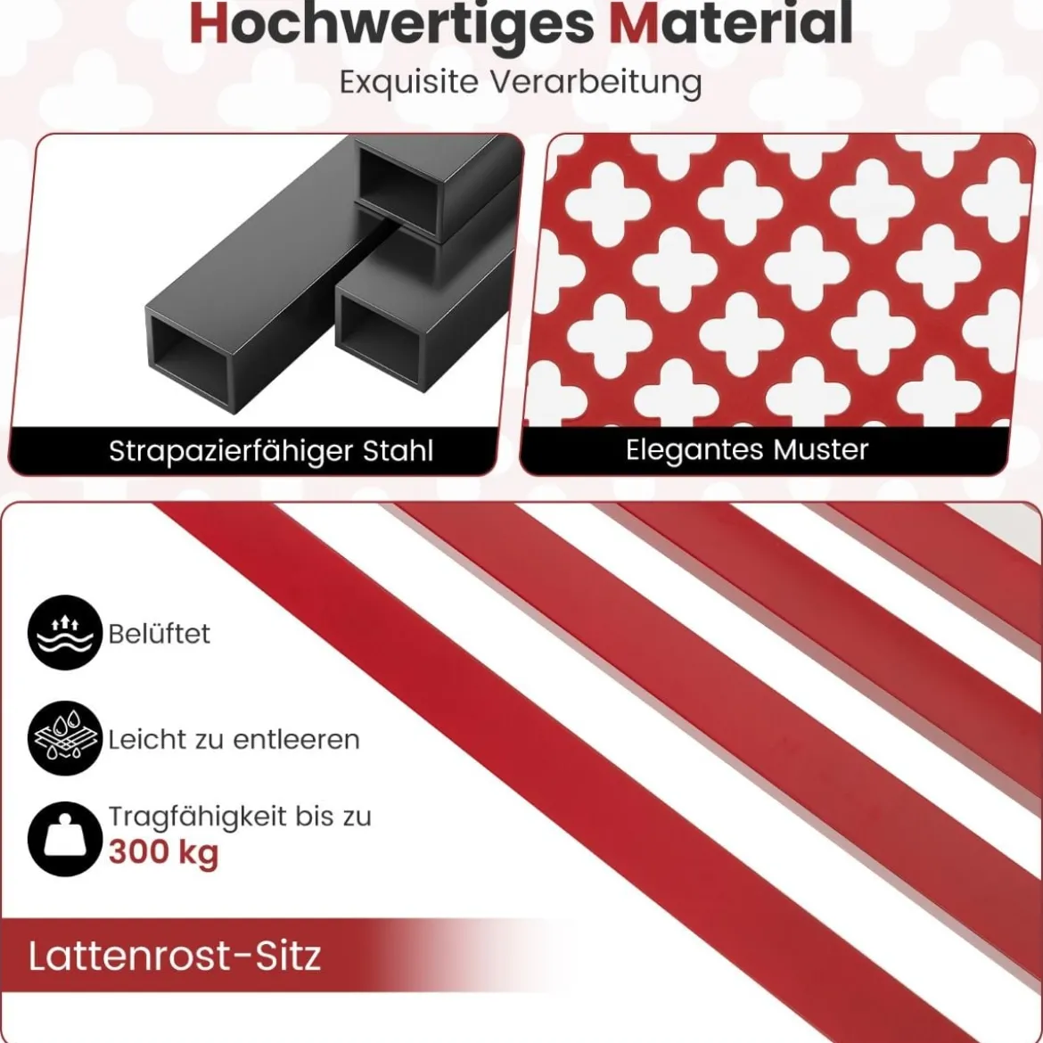 Gartenbank Metall wetterfeste Sitzbank für 2-3 Sitzer Parkbank mit Rückenlehne & Armlehne 127 x 62 x 86 cm Rot