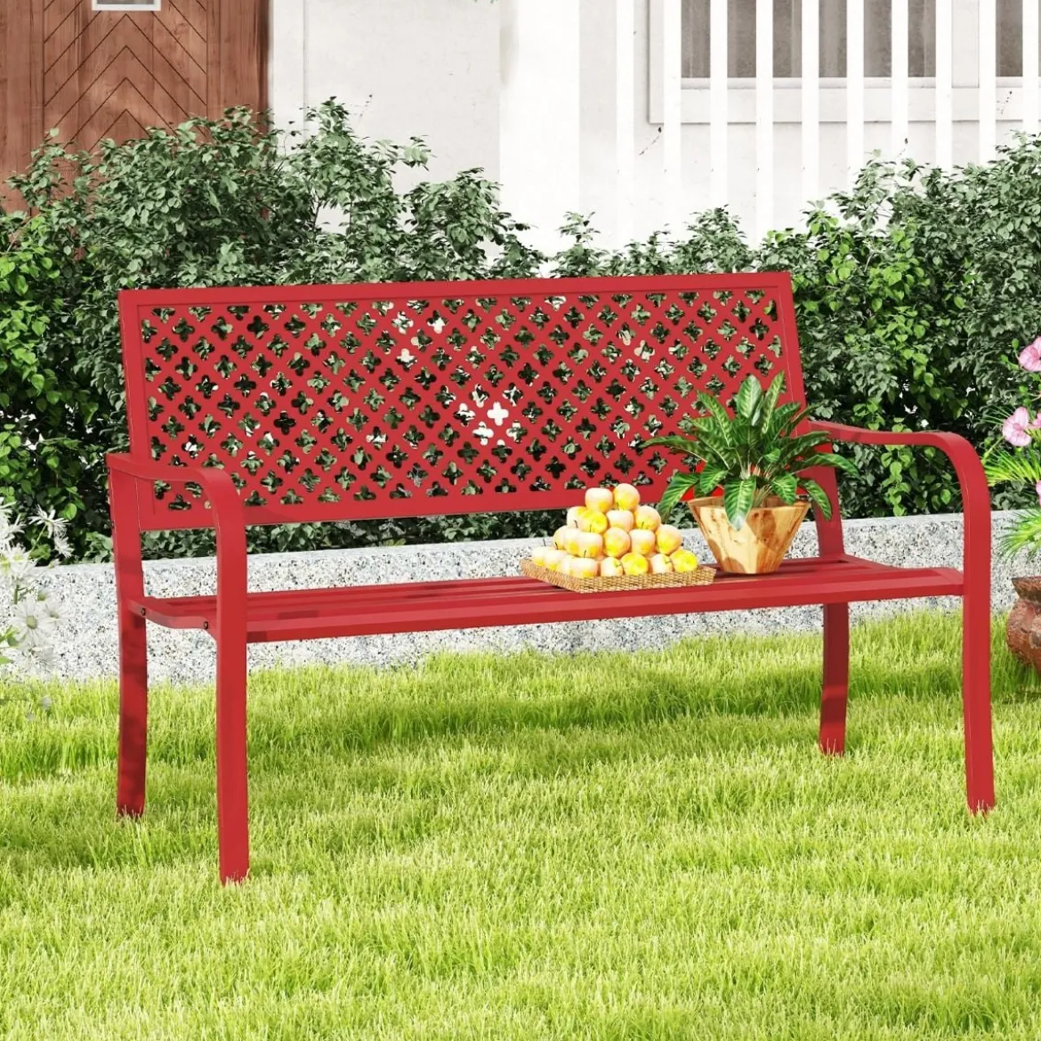 Gartenbank Metall wetterfeste Sitzbank für 2-3 Sitzer Parkbank mit Rückenlehne & Armlehne 127 x 62 x 86 cm Rot