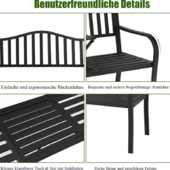 Gartenbank mit ausziehbarem Mitteltisch Eisenbank Sitzbank mit Armlehnen 150 x 59 x 91 cm Schwarz