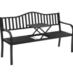 Gartenbank mit ausziehbarem Mitteltisch Eisenbank Sitzbank mit Armlehnen 150 x 59 x 91 cm Schwarz