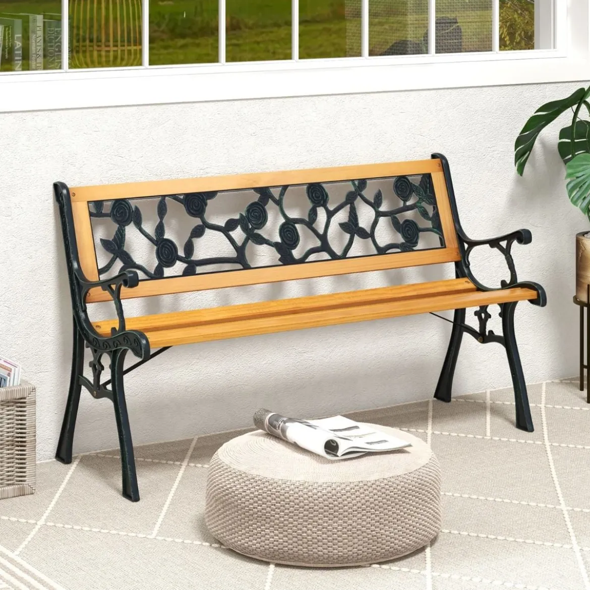 Gartenbank mit Metallgussrahmen & Holzsitz Ergonomische Sitzbank für 3 Personen 127,5 cm Lang
