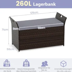 Gartenbank mit Stauraum Polyrattan Sitzbank mit Kissen & Seitengriffen Auflagenbox Kissenbox