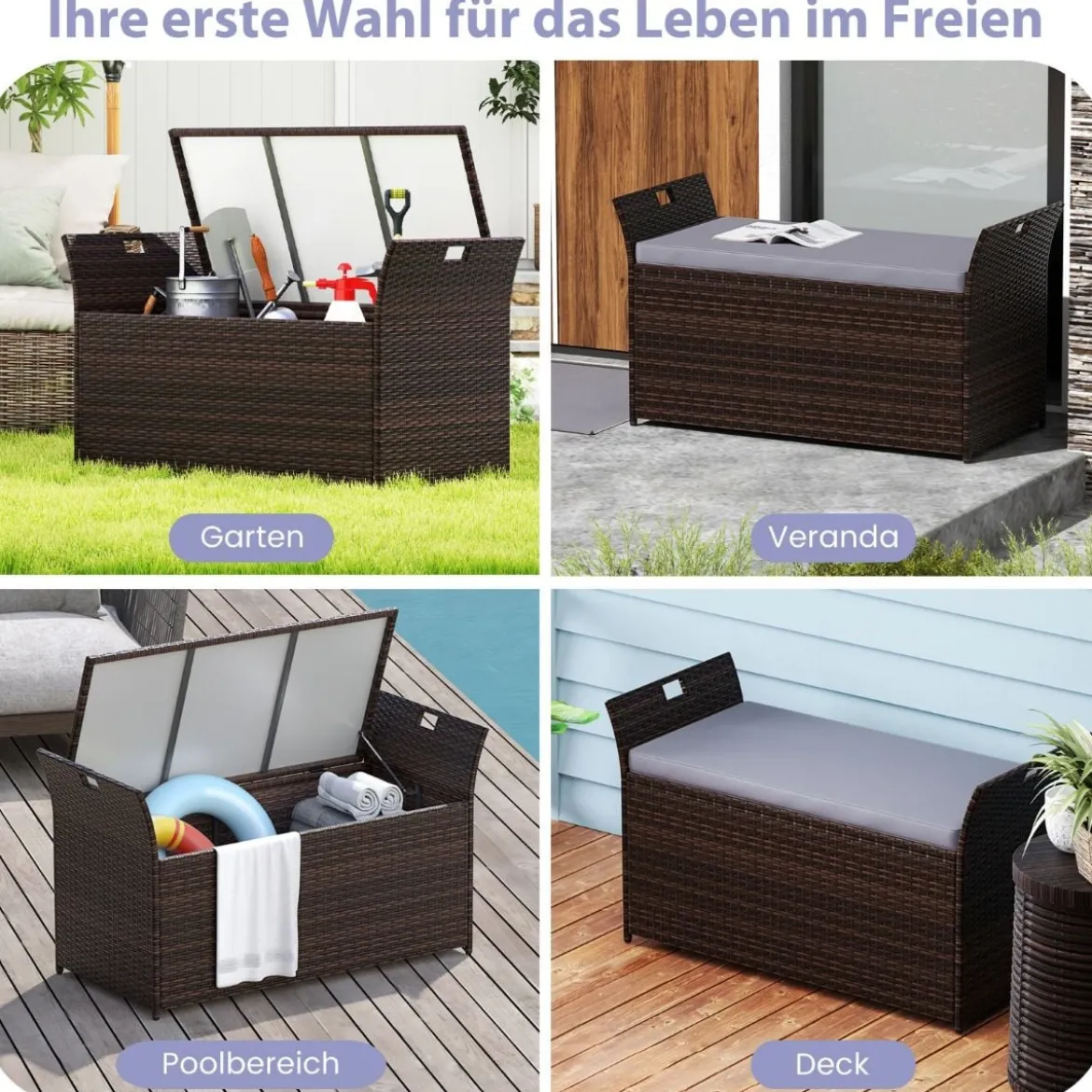 Gartenbank mit Stauraum Polyrattan Sitzbank mit Kissen & Seitengriffen Auflagenbox Kissenbox