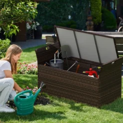 Gartenbank mit Stauraum Polyrattan Sitzbank mit Kissen & Seitengriffen Auflagenbox Kissenbox