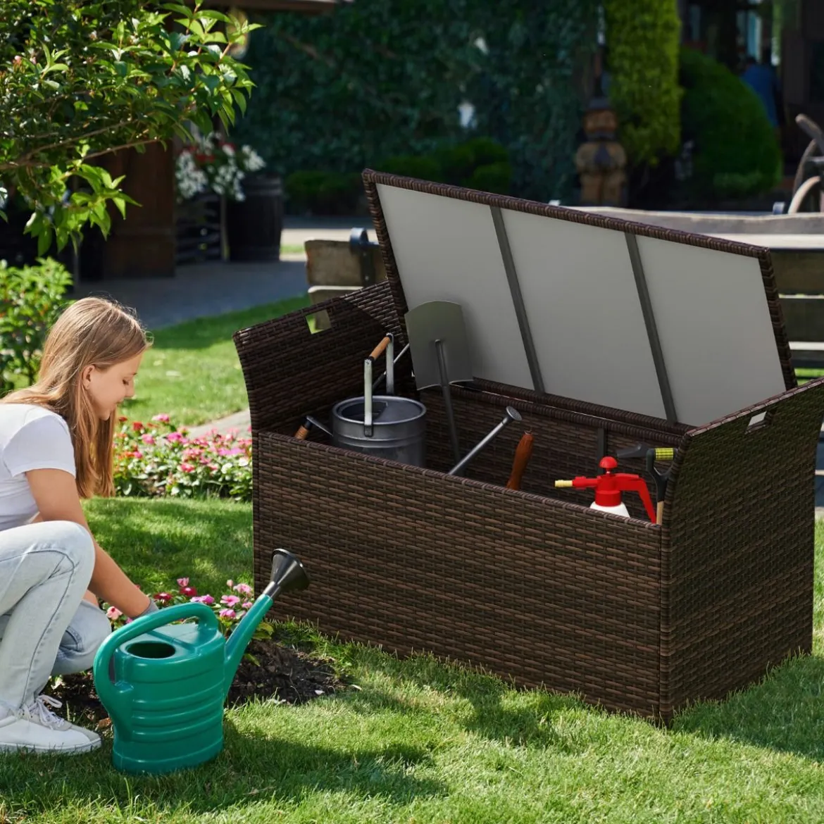 Gartenbank mit Stauraum Polyrattan Sitzbank mit Kissen & Seitengriffen Auflagenbox Kissenbox
