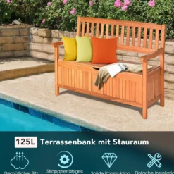 Gartenbank mit Stauraum Sitzbank aus Akazienholz für 2 Personen Truhenbank mit Rücklehne & Armlehne