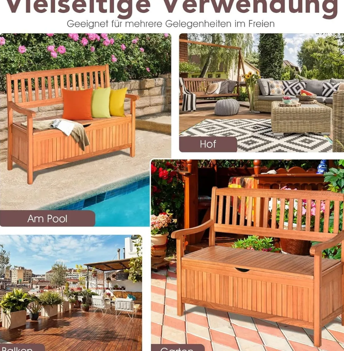 Gartenbank mit Stauraum Sitzbank aus Akazienholz für 2 Personen Truhenbank mit Rücklehne & Armlehne