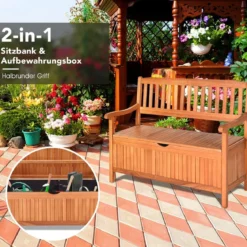 Gartenbank mit Stauraum Sitzbank aus Akazienholz für 2 Personen Truhenbank mit Rücklehne & Armlehne