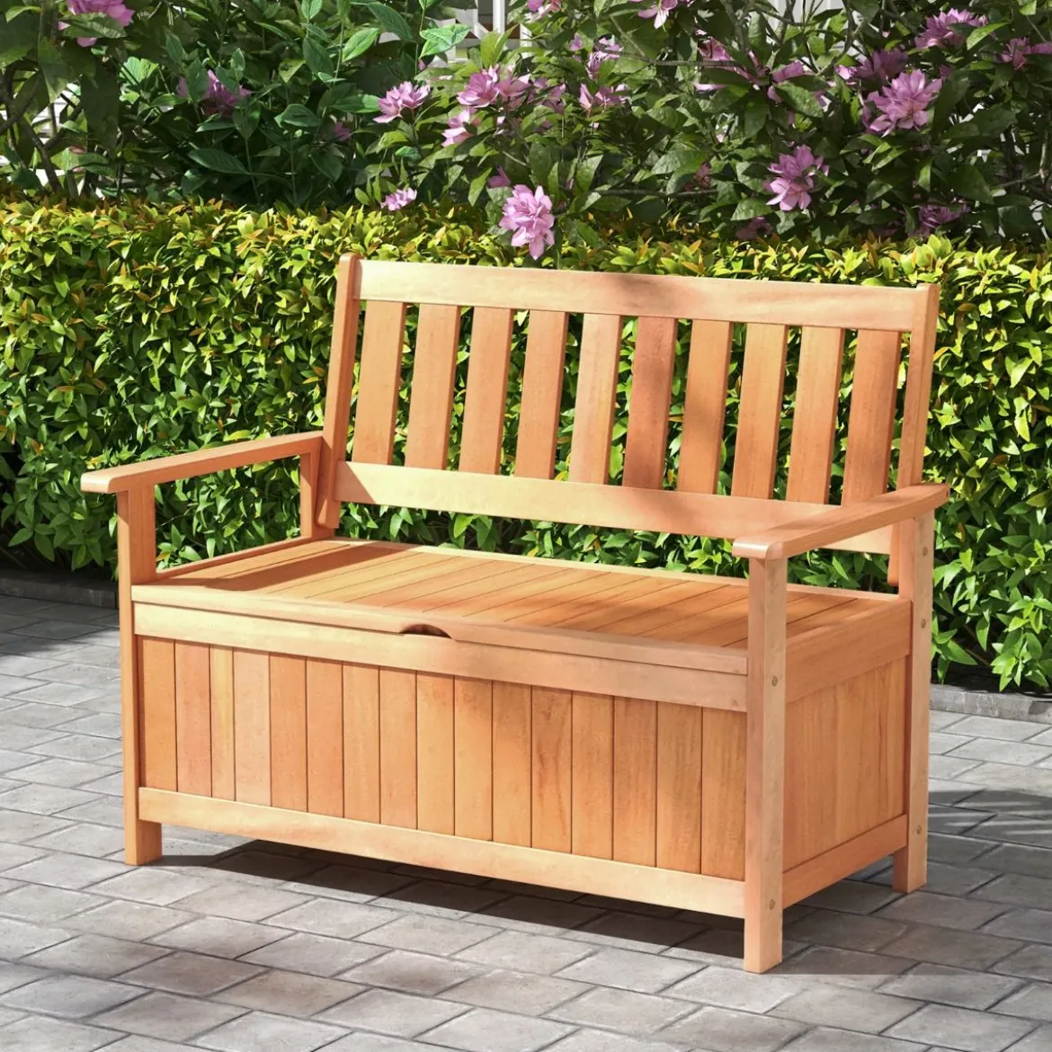 Gartenbank mit Stauraum 2-Sitzer Sitzbank Massivholz bis 180 kg belastbar 120 x 66 x 91 cm Natur