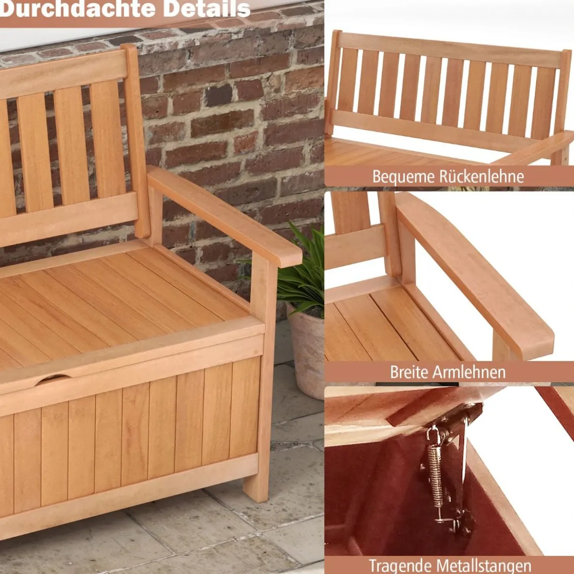 Gartenbank mit Stauraum 2-Sitzer Sitzbank Massivholz bis 180 kg belastbar 120 x 66 x 91 cm Natur