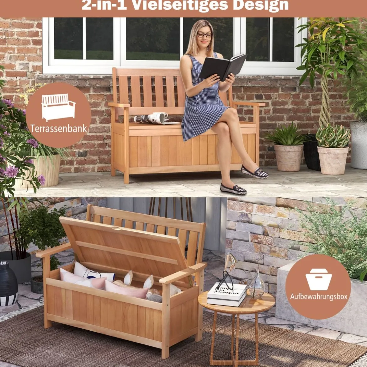 Gartenbank mit Stauraum 2-Sitzer Sitzbank Massivholz bis 180 kg belastbar 120 x 66 x 91 cm Natur