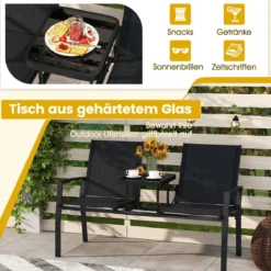 Gartenbank mit Tisch Sitzbank mit atmungsaktivem Stoff 2-Sitzer Bank Sitzgruppe Balkonbank