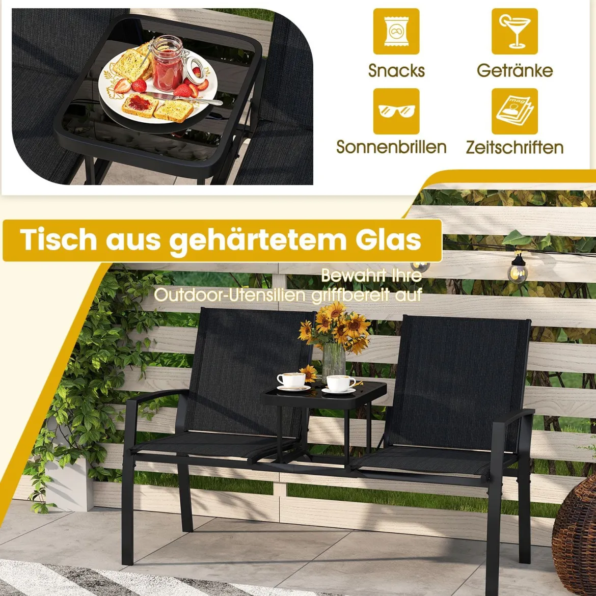 Gartenbank mit Tisch Sitzbank mit atmungsaktivem Stoff 2-Sitzer Bank Sitzgruppe Balkonbank