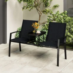 Gartenbank mit Tisch Sitzbank mit atmungsaktivem Stoff 2-Sitzer Bank Sitzgruppe Balkonbank