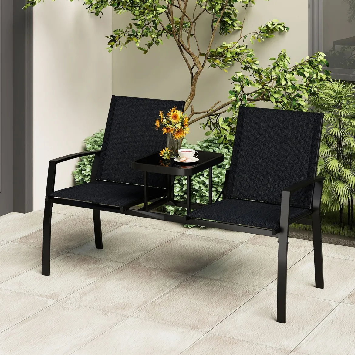 Gartenbank mit Tisch Sitzbank mit atmungsaktivem Stoff 2-Sitzer Bank Sitzgruppe Balkonbank