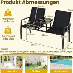 Gartenbank mit Tisch Sitzbank mit atmungsaktivem Stoff 2-Sitzer Bank Sitzgruppe Balkonbank
