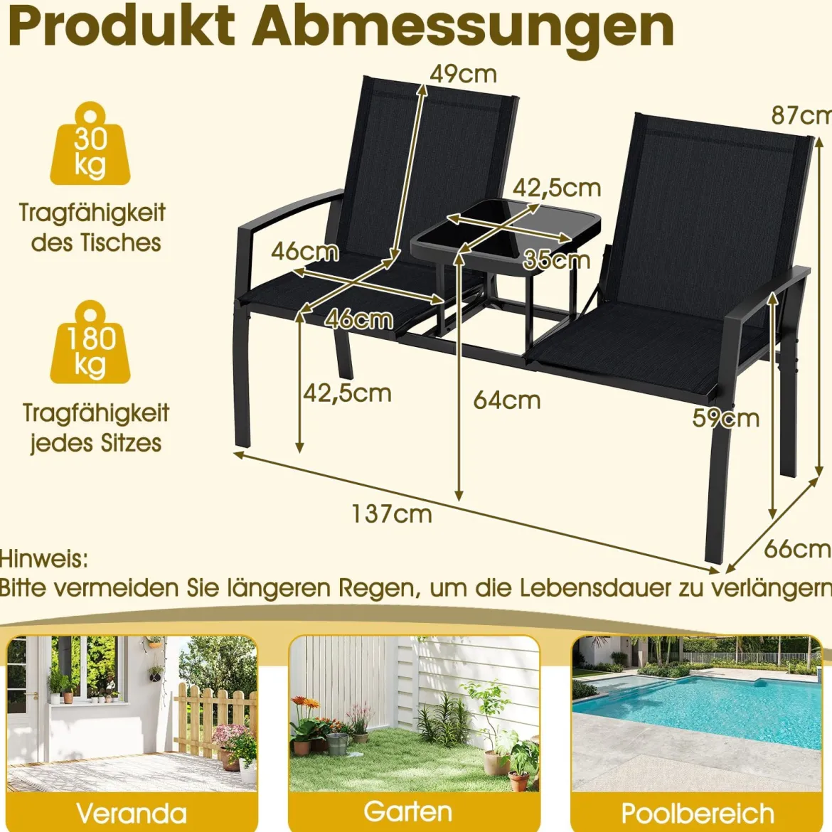 Gartenbank mit Tisch Sitzbank mit atmungsaktivem Stoff 2-Sitzer Bank Sitzgruppe Balkonbank