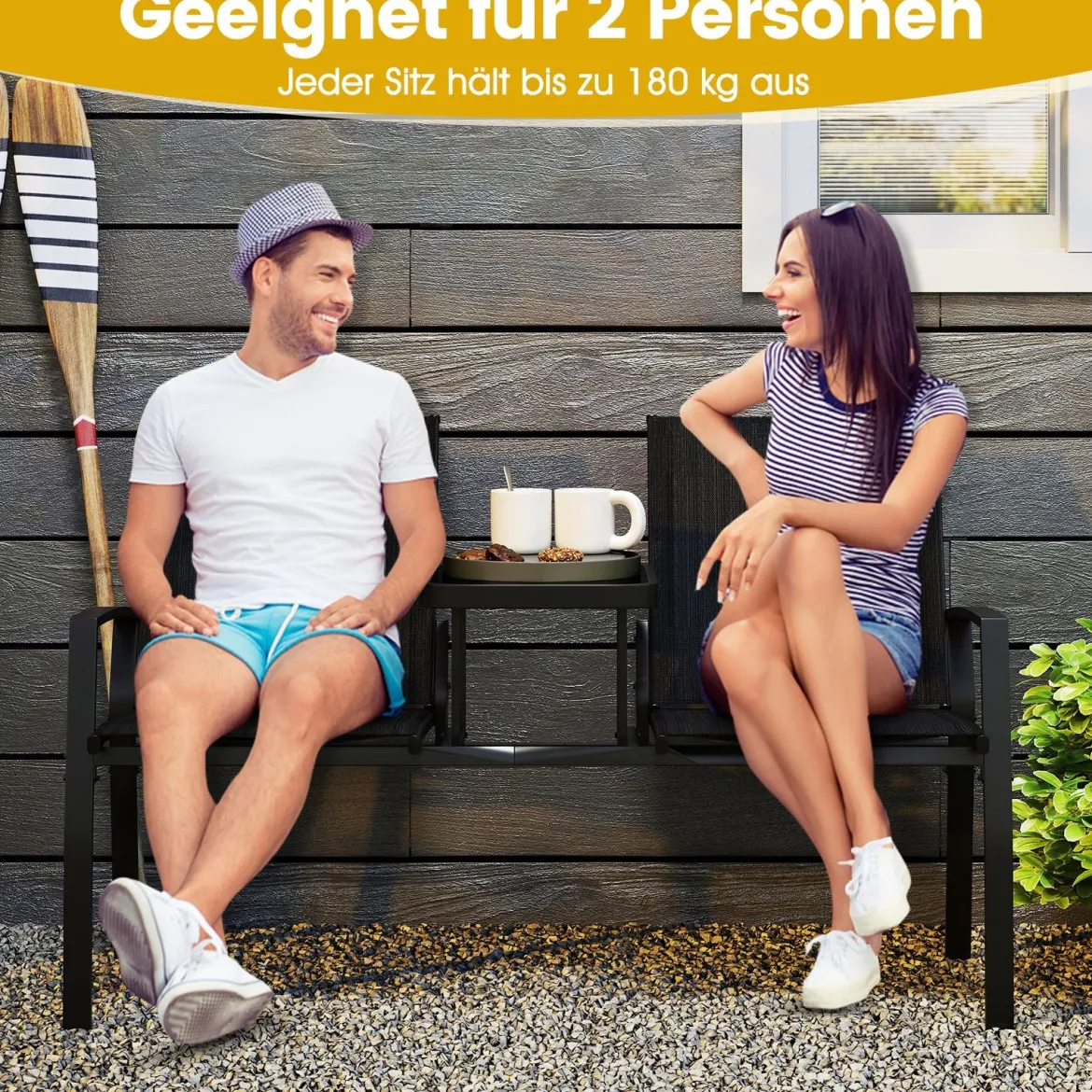 Gartenbank mit Tisch Sitzbank mit atmungsaktivem Stoff 2-Sitzer Bank Sitzgruppe Balkonbank