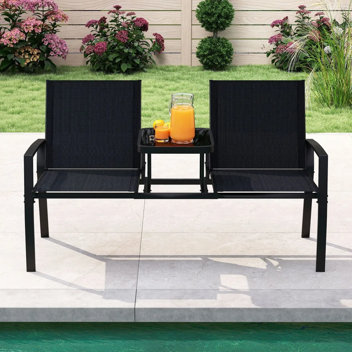 Gartenbank mit Tisch Sitzbank mit atmungsaktivem Stoff 2-Sitzer Bank Sitzgruppe Balkonbank