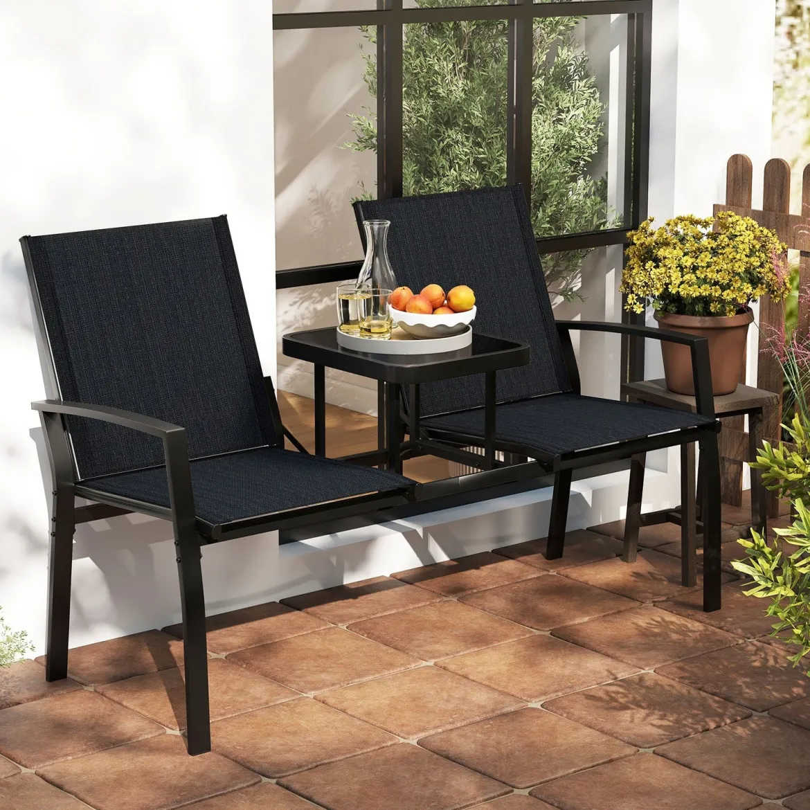 Gartenbank mit Tisch Sitzbank mit atmungsaktivem Stoff 2-Sitzer Bank Sitzgruppe Balkonbank