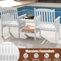 Gartenbank mit Tisch 2-Sitzer Bank mit 5 cm Schirmloch Holzbank aus Tannenholz bis 330 kg 165 x 60 x 88 cm Weiß