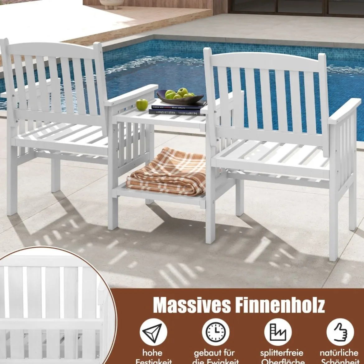 Gartenbank mit Tisch 2-Sitzer Bank mit 5 cm Schirmloch Holzbank aus Tannenholz bis 330 kg 165 x 60 x 88 cm Weiß