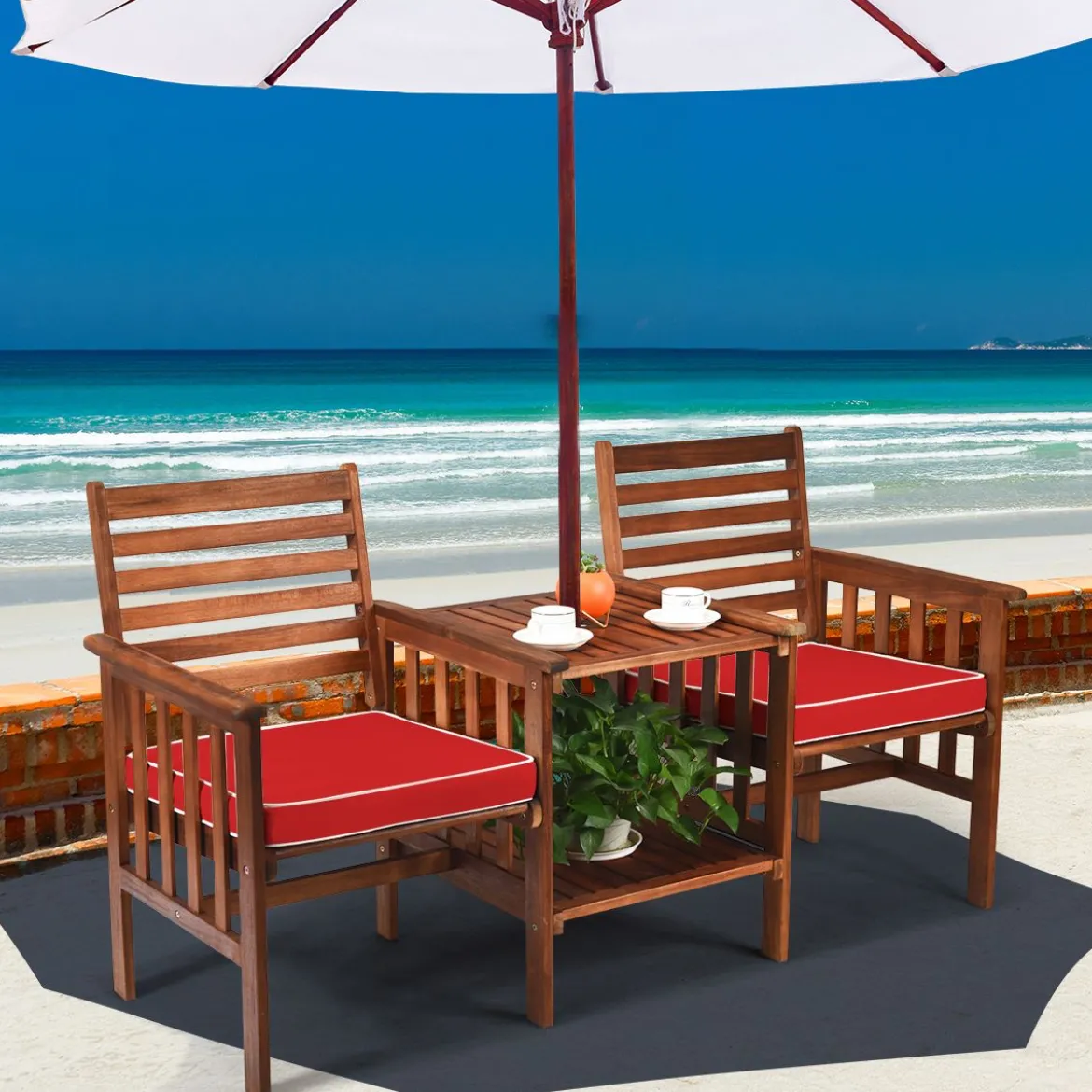 Gartenbank mit Tisch 2-Sitzer Holzbank mit Sitzkissen & Schirmloch Rot/Beige