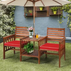 Gartenbank mit Tisch 2-Sitzer Holzbank mit Sitzkissen & Schirmloch Rot/Beige